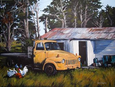 "Old Bedford Truck Woburn Road" - Acrylic medium on Museum Canva - Painting by Susan Higginson, an artist from Hawke's Bay, New Zealand.