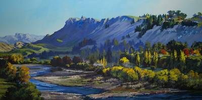 "Tuki Tuki River Hawkes Bay" - Acrylic medium on Muesum Canvas - Painting by Susan Higginson, an artist from Hawke's Bay, New Zealand.