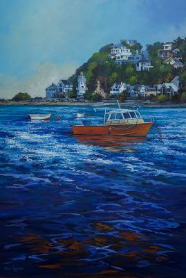 "Orange Boat in Island Bay" - Acryic medium on museum canvas - Painting by Susan Higginson, an artist from Hawke's Bay, New Zealand.