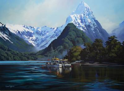 "Milford Sound" - Acrylic on Linen Canvas - Painting by Susan Higginson, an artist from Hawke's Bay, New Zealand.