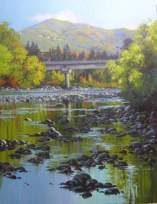 "Waipawa River" - Acrylic medium on linen - Painting by Susan Higginson, an artist from Hawke's Bay, New Zealand.