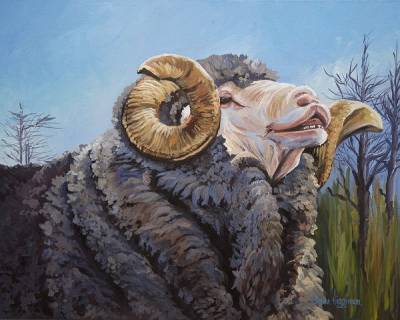 "Calling the girls'" - Acrylic medium on museum canvas - Painting by Susan Higginson, an artist from Hawke's Bay, New Zealand.