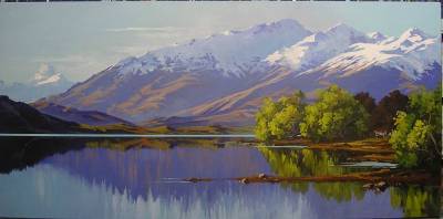 "Wanaka in Spring" - Acrylic medium on museum canvas - Painting by Susan Higginson, an artist from Hawke's Bay, New Zealand.