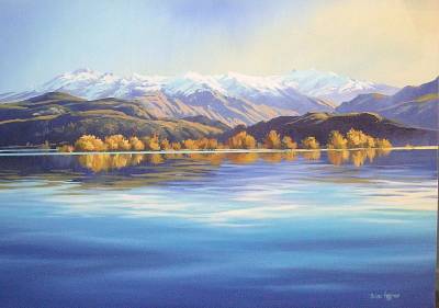 "Emerald Bay Wanaka" - Oil medium on museum canvas - Painting by Susan Higginson, an artist from Hawke's Bay, New Zealand.