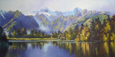 "Early morning Lake Matheson" - Oil medium on museum canvas - Painting by Susan Higginson, an artist from Hawke's Bay, New Zealand.