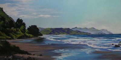 "Pourerere Beach looking north" - Acrylic on museum canvas - Painting by Susan Higginson, an artist from Hawke's Bay, New Zealand.