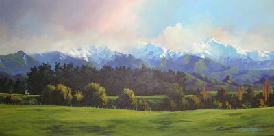 "Ruahine in August" - Acrylic on museum canvas. Sold Porangahau Art Club Auction - Painting by Susan Higginson, an artist from Hawke's Bay, New Zealand.