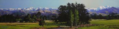 "Ruahines on Snee Road" - Acrylic medium on museum canvas - Painting by Susan Higginson, an artist from Hawke's Bay, New Zealand.