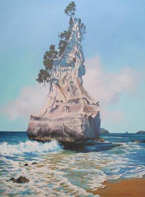 "The Gaint rock at Coramandel" - Acrylic medium on museum canvas. This painting is currently showing at the Red Peach Gallery - Painting by Susan Higginson, an artist from Hawke's Bay, New Zealand.