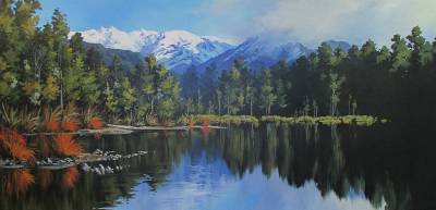 "West Coast Lake Ianthe" - Acrylic medium on mueseum canvas - Painting by Susan Higginson, an artist from Hawke's Bay, New Zealand.