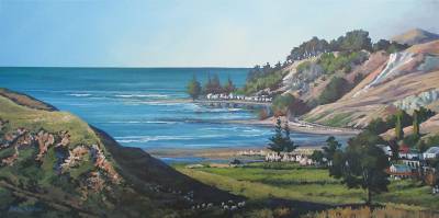 "Pourerere Beach" - Acrylic medium on museum canvas - Painting by Susan Higginson, an artist from Hawke's Bay, New Zealand.