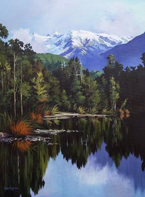 "Lake Ianthe West Coast" - Museum canvas. Currently exhibited at ARTEX National Exhibition Napier 2017 - Painting by Susan Higginson, an artist from Hawke's Bay, New Zealand.