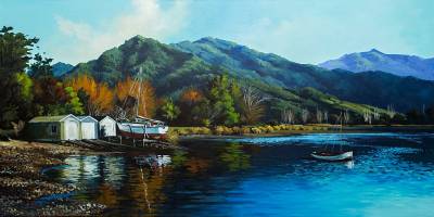 "Grove Arm Queen Charlotte SOund" - Linen canvas on Metal frame, ACrylic medium - Painting by Susan Higginson, an artist from Hawke's Bay, New Zealand.