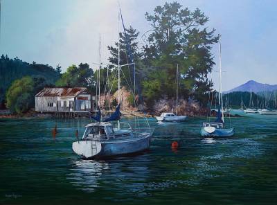 "Bay of Islands" - Linen canvas , acrylic medium - Painting by Susan Higginson, an artist from Hawke's Bay, New Zealand.