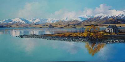 "Calm reflections on Tekapo" - Museum block canvas, acrylic medium - Painting by Susan Higginson, an artist from Hawke's Bay, New Zealand.