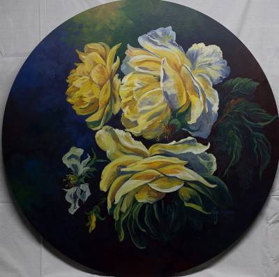 "Yellow roses" - Acrylic on board - Painting by Susan Higginson, an artist from Hawke's Bay, New Zealand.