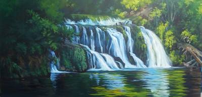 "Waterfall near Havelock North" - Museum canvas, acyrlic medium - Painting by Susan Higginson, an artist from Hawke's Bay, New Zealand.