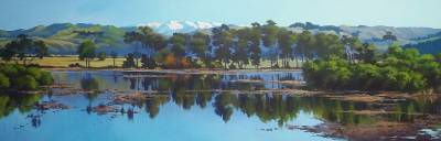 "Reflections at Westshore" - Museum canvas, acrylic medium - Painting by Susan Higginson, an artist from Hawke's Bay, New Zealand.