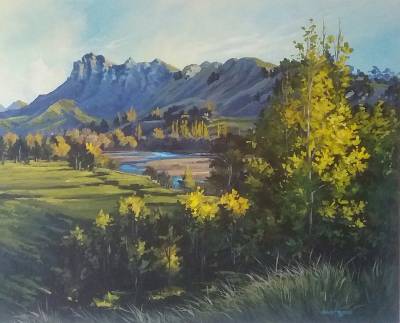 "Te Mata Peak in shadow" - Acrylic medium on museum canvas - Painting by Susan Higginson, an artist from Hawke's Bay, New Zealand.