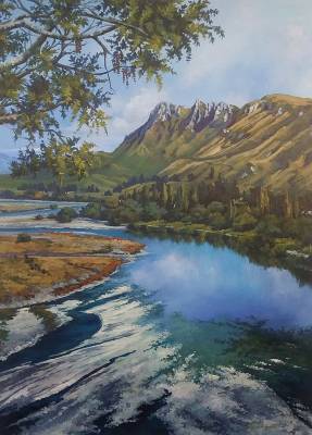 "Tuki Tuki River with Te Mata Peak in the background" - Acrylic medium on linen. - Painting by Susan Higginson, an artist from Hawke's Bay, New Zealand.