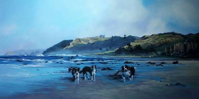 "Mangakuri Beach Central Hawkes Bay" - Museum Block canvas, acrylic medium - Painting by Susan Higginson, an artist from Hawke's Bay, New Zealand.