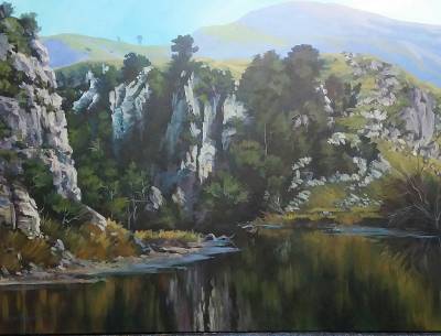 "The tides in at Kairakau Gorge" - Acrylic medium on Museum canvas - Painting by Susan Higginson, an artist from Hawke's Bay, New Zealand.