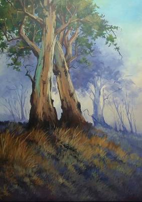 "Gums in morning mist" - Acrylic medium on linen canvas - metal frame - Painting by Susan Higginson, an artist from Hawke's Bay, New Zealand.