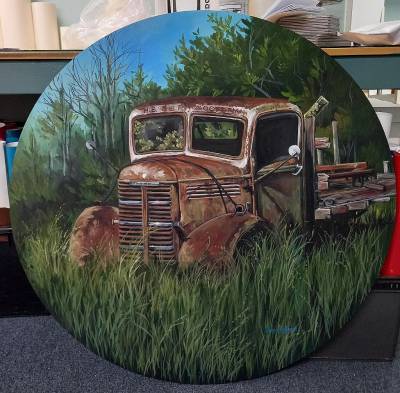 "Old truck - Dannevirke" - Acrylic medium on customwood - Painting by Susan Higginson, an artist from Hawke's Bay, New Zealand.