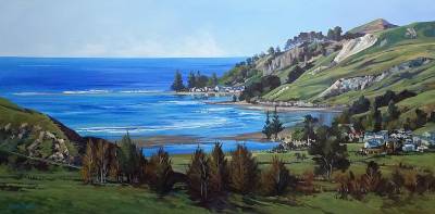 "Pourerere Beach" - Acrylic medium on linen canvas - metal frame - Painting by Susan Higginson, an artist from Hawke's Bay, New Zealand.