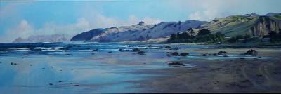 "Mangakuri Beach Central Hawkes Bay" - Museum canvas, acrylic medium - Painting by Susan Higginson, an artist from Hawke's Bay, New Zealand.