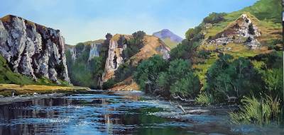 "Kairakau Gorge - Central Hawkes Bay" - Acrylic medium on museum canvas - Painting by Susan Higginson, an artist from Hawke's Bay, New Zealand.