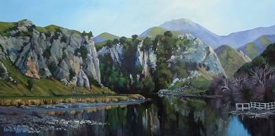 "Summer at Kairakau Gorge - Central Hawkes Bay" - Acrylic medium on museum canvas - Painting by Susan Higginson, an artist from Hawke's Bay, New Zealand.