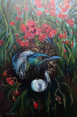 "Tui in the Gum Tree" - Acrylic medium on linen canvas - Painting by Susan Higginson, an artist from Hawke's Bay, New Zealand.