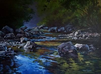 "Light on the rocks - Fiordland" - Acrylic medium on museum canvas - Painting by Susan Higginson, an artist from Hawke's Bay, New Zealand.