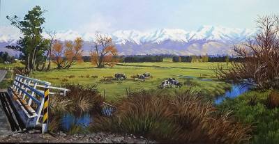 "Ashcott Road - Central Hawkes Bay" - Acrylic medium on museum canvas - Painting by Susan Higginson, an artist from Hawke's Bay, New Zealand.