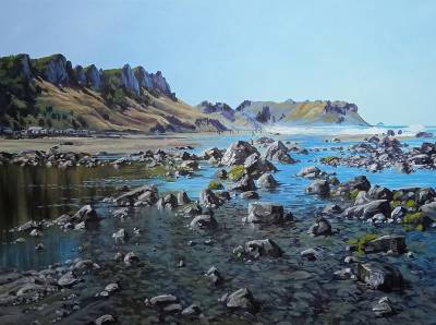 "Kairakau beach" - Acrylic medium on museum canvas - Painting by Susan Higginson, an artist from Hawke's Bay, New Zealand.