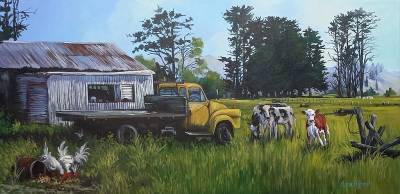 "Woburn Road farm scene" - Donated to Taukituki Trails - fund raiser 10th June 2022 - Painting by Susan Higginson, an artist from Hawke's Bay, New Zealand.