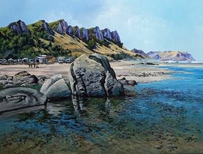 "Kairakau Beach 2021" - Acrylic medium on museum canvas - Painting by Susan Higginson, an artist from Hawke's Bay, New Zealand.