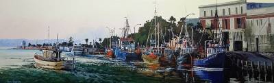 "Evening in Ahuriri" - Acrylic medium on museum canvas - Painting by Susan Higginson, an artist from Hawke's Bay, New Zealand.