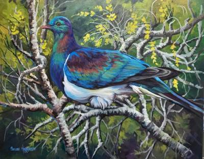 "Keru = Wood Pigeon" - Acrylic medium on museum canvas - Painting by Susan Higginson, an artist from Hawke's Bay, New Zealand.