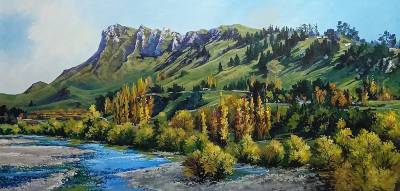 "Te Mata Peak and the tukituki River - commissioned for Angie Walsh" - Acrylic medium on museum canvas - Painting by Susan Higginson, an artist from Hawke's Bay, New Zealand.