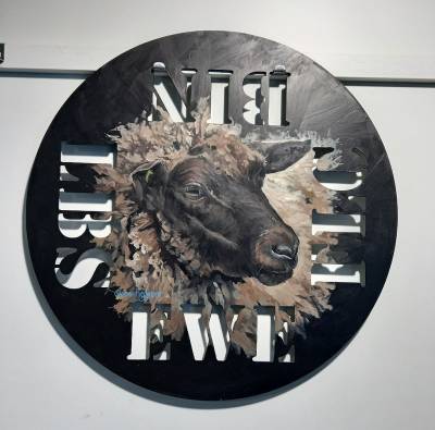 "Suffolk Sheep #2" - Acrylic medium on Steel - Painting by Susan Higginson, an artist from Hawke's Bay, New Zealand.