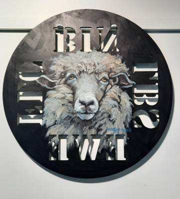 "Romney Sheep" - Acrylic medium on Steel - Painting by Susan Higginson, an artist from Hawke's Bay, New Zealand.