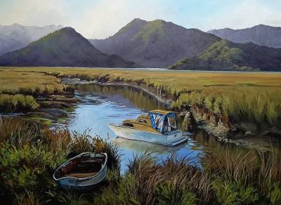 "Low Tide just out of Havelock Sth ISland" - Acrylic medium on museum canvas - Painting by Susan Higginson, an artist from Hawke's Bay, New Zealand.