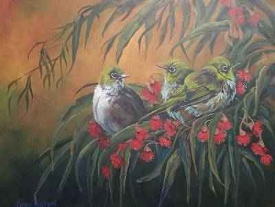 "Wax eyes in gum leaves" - Acrylic medium on museum canvas - Painting by Susan Higginson, an artist from Hawke's Bay, New Zealand.