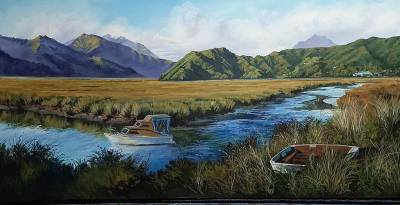 "Looking towards Havelock" - Acrylic medium on museum canvas - Painting by Susan Higginson, an artist from Hawke's Bay, New Zealand.