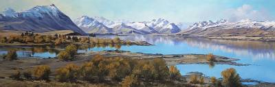 "Lake Tekapo on the road past St John's Observatory" - Acrylic medium on museum canvas - Painting by Susan Higginson, an artist from Hawke's Bay, New Zealand.