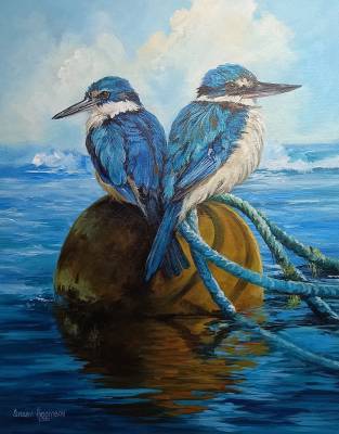 "Kingfishers on watch" - Acrylic medium on museum canvas - Painting by Susan Higginson, an artist from Hawke's Bay, New Zealand.