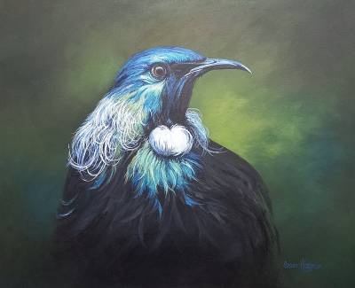 "Tui Portrait" - Acrylic medium on museum canvas - Painting by Susan Higginson, an artist from Hawke's Bay, New Zealand.