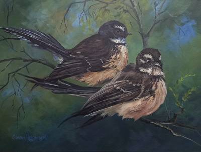 "Fantails" - Acrylic medium on cotton canvas - Painting by Susan Higginson, an artist from Hawke's Bay, New Zealand.